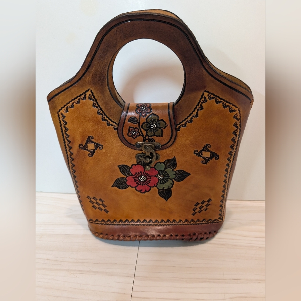 FloralTan Leather Handbag